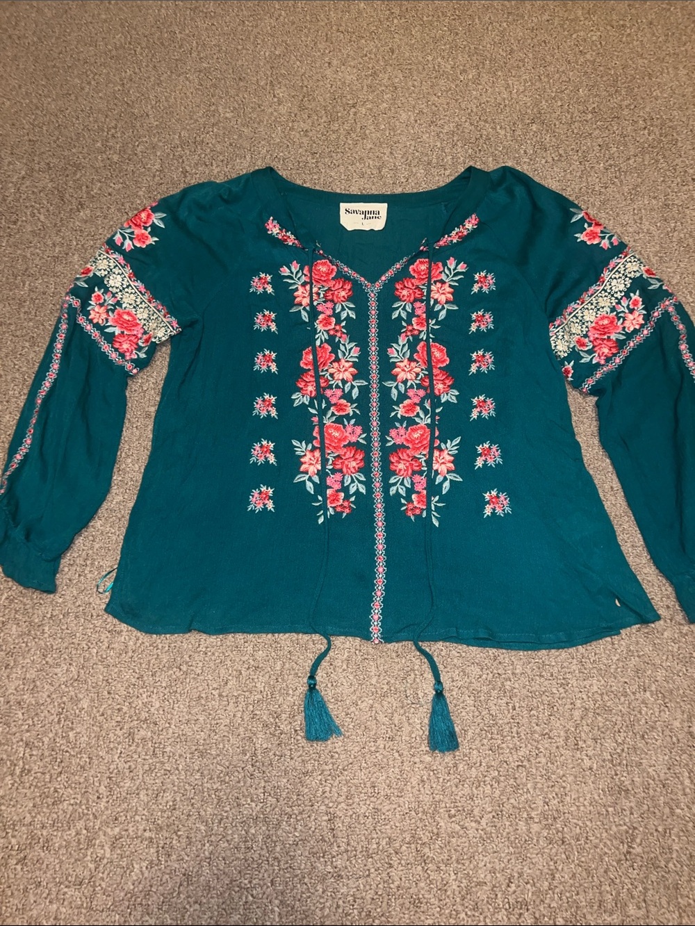 Savanna Jane Teal Tunic with Pink Floral Embroidery Size Large